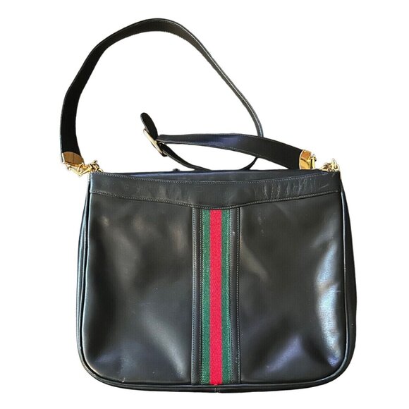 Gucci Black Leather HOBO Bag w Sherry Stripe Horse-bit Chain Strap - Picture 3 of 4